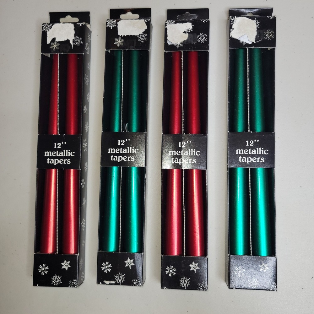 Vintage Robert Alan‎ Candle Company 12" Metallic Taper Candles Red Green 4 Pairs